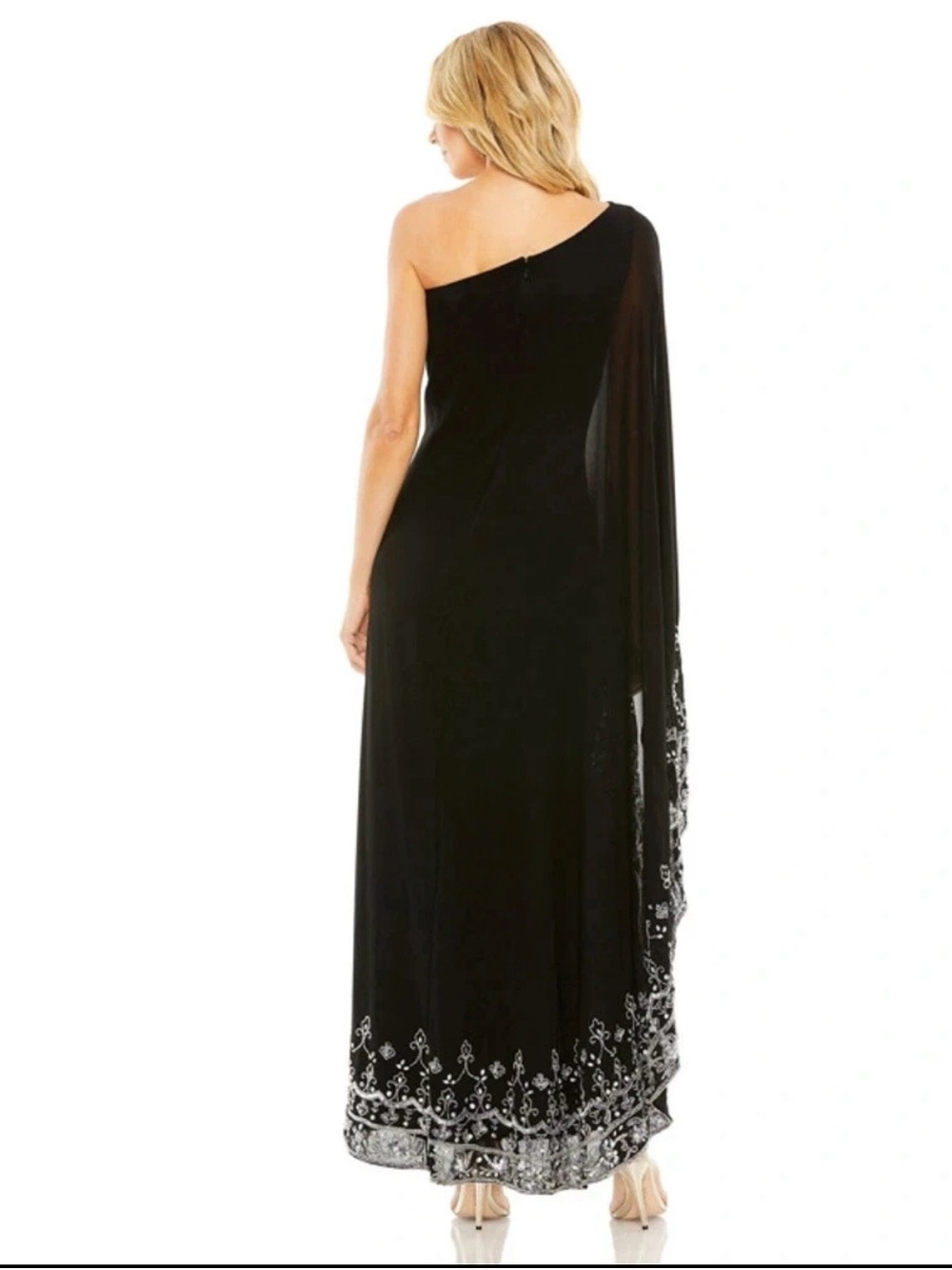 Mac Duggal Black One-Shoulder Evening Gown with Silver Embellishment - Picture 3 of 4